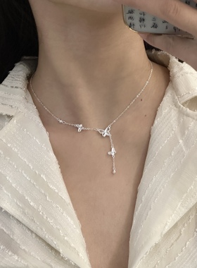 足银990气质温柔风车花蝴蝶流苏项链女轻奢小众锁骨链百搭颈链