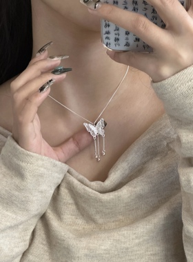 足银990镂空镶蝴蝶吊坠项链女2024新款小众轻奢锁骨链百搭配饰