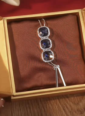 秋冬新款几何方形蓝水晶毛衣链时尚百搭长款可抽拉调节大衣吊坠女