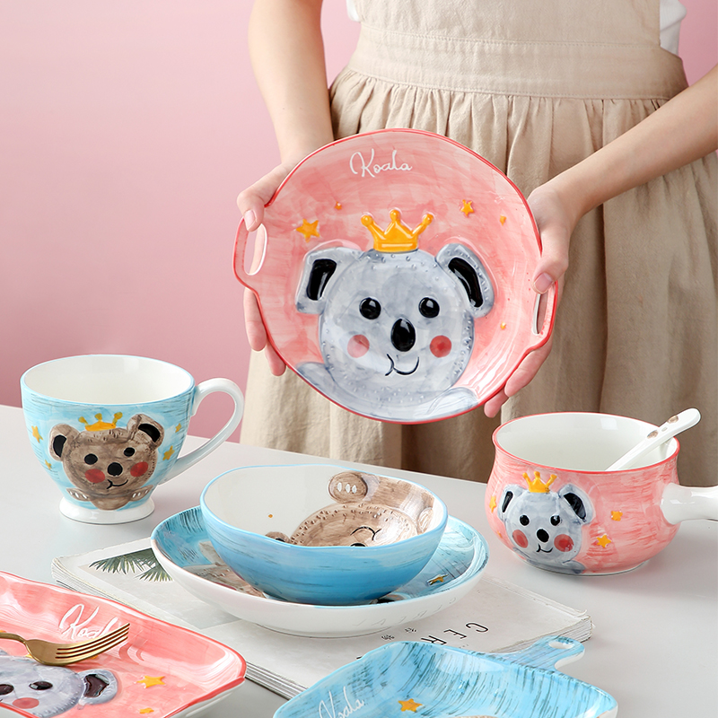 手绘卡通陶瓷碗碟套装家用可爱少女心创意个性燕麦片日式早餐餐具-图0