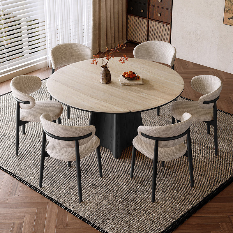 2026新款洞石岩板实木伸缩餐桌可变圆桌黑色复古风小户型家用饭桌,淘宝优惠券,粉丝福利购,淘宝优惠卷