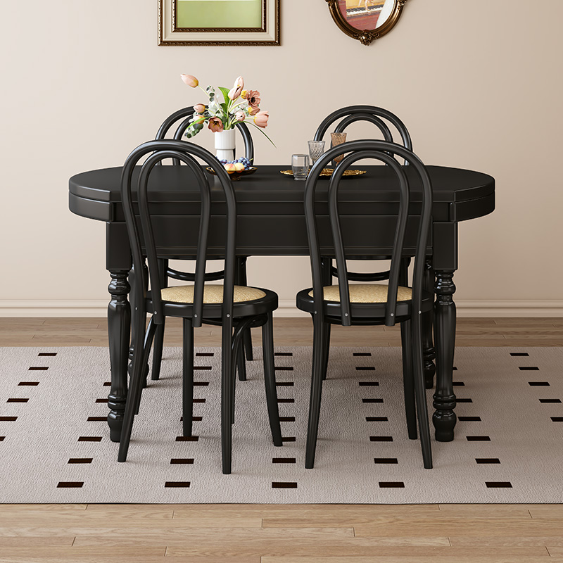 复古法式全实木可伸缩圆形餐桌小户型家用美式黑色奶油风折叠方桌
