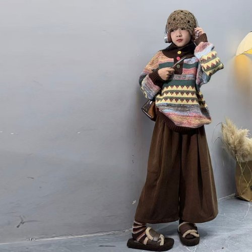 女童彩色扣子高领针织毛衣套装秋冬新款时髦儿童复古灯芯绒花苞裤 - 图3