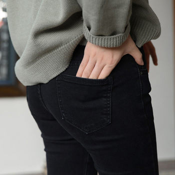 Fat Sister Plus Size Winter High Waist Slim Loose Fleece Jeans Women's Thin Fleece Nine-Point Pants Straight Micro-flared Pants