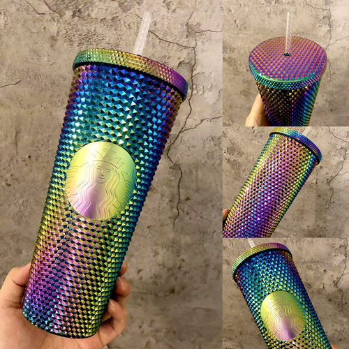 星巴克杯子彩红色特别款炫彩马克杯极光渐变大容量榴莲钻石吸管杯 - 图1