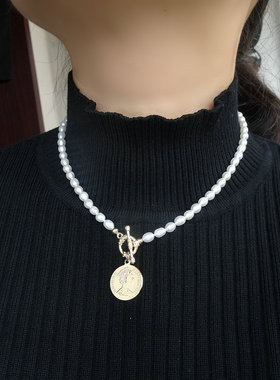 天然强光淡水珍珠项链OT扣颈链轻奢小众设计ins风锁骨链14K包金