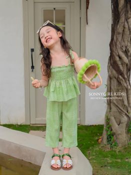 ເດັກຍິງ SonnyKids summer halter top suit ສີຂຽວສົດ plaid dress ແລະ A-line skirt skirt