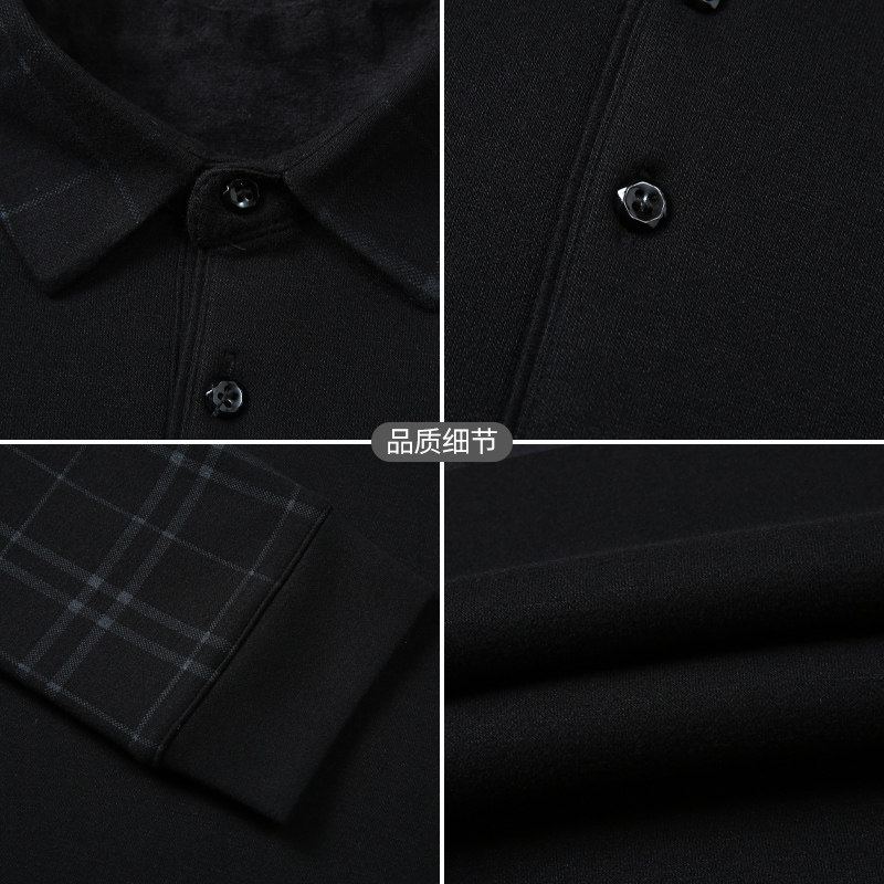 大码男加绒长袖翻领格子宽松polo衫 宝盾狼苏州T恤