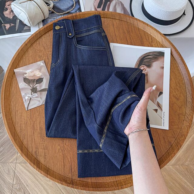 Denim ສີຟ້າ tencel denim pants ກາງເກງຂາກວ້າງຂອງແມ່ຍິງ