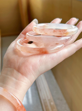 桃花酿天然高冰透西柚色金丝玉手镯女中式圆条镯子石英岩玉