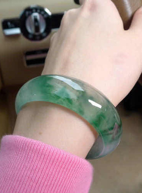 玉手镯翡翠色天然a货玉石手环冰种飘花玉镯子少女妈妈款