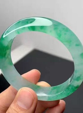 冰种高档飘绿花玉手镯冰种阳绿缅甸翡翠镯子满翠宽版玉女款玉镯子