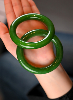 和田玉碧玉正阳绿手镯胖圆肉底手镯碧玉辣阳绿圆条玉手镯道具儿童