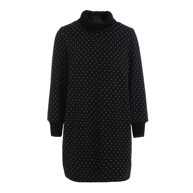 乔万尼商场秋装新款羊毛呢提花O型黑色显瘦百搭印花中领连衣裙