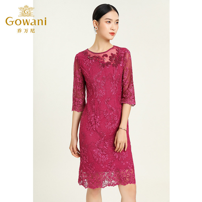 乔万尼商场秋商场同款女装喜宴连衣裙简约优雅红色蕾丝喜宴中长裙