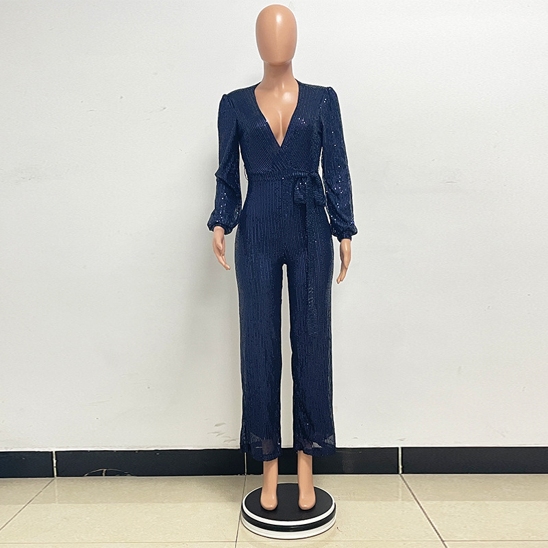 跨境INS风深V时尚休闲连体衣欧美长袖腰带亮片修身连体裤jumpsuit,淘宝优惠券,粉丝福利购,淘宝优惠卷