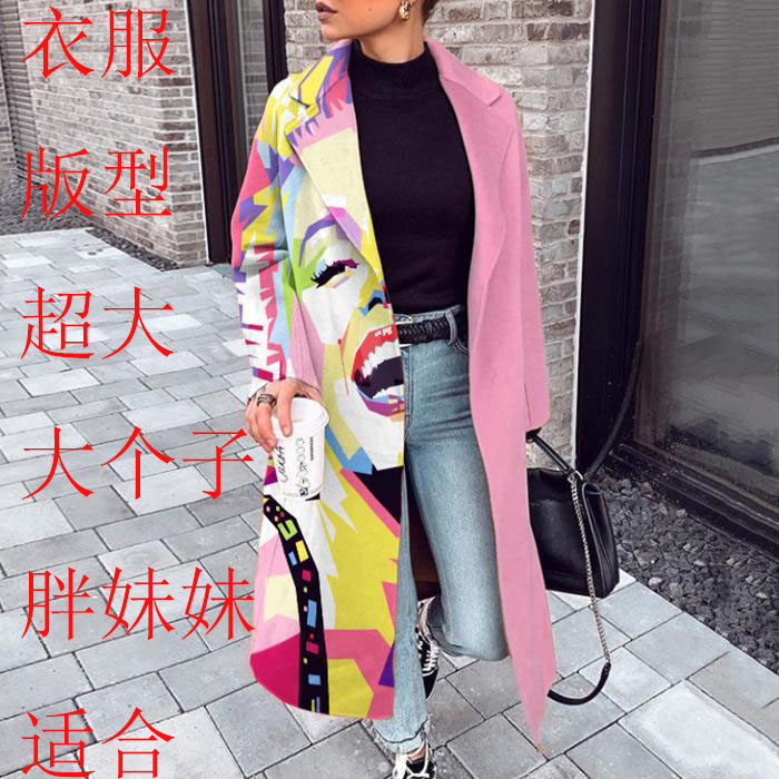 2021跨境女拼色格纹长袖翻领外套印花龙凤仿呢子大衣Woman's coat