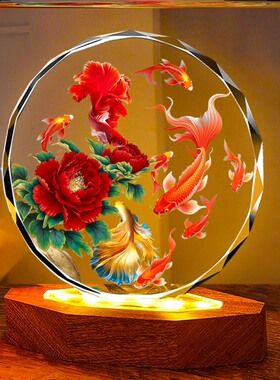 九鱼聚财招财图花开富贵八角圆框牡丹摆件客厅玄关家居酒柜装饰品
