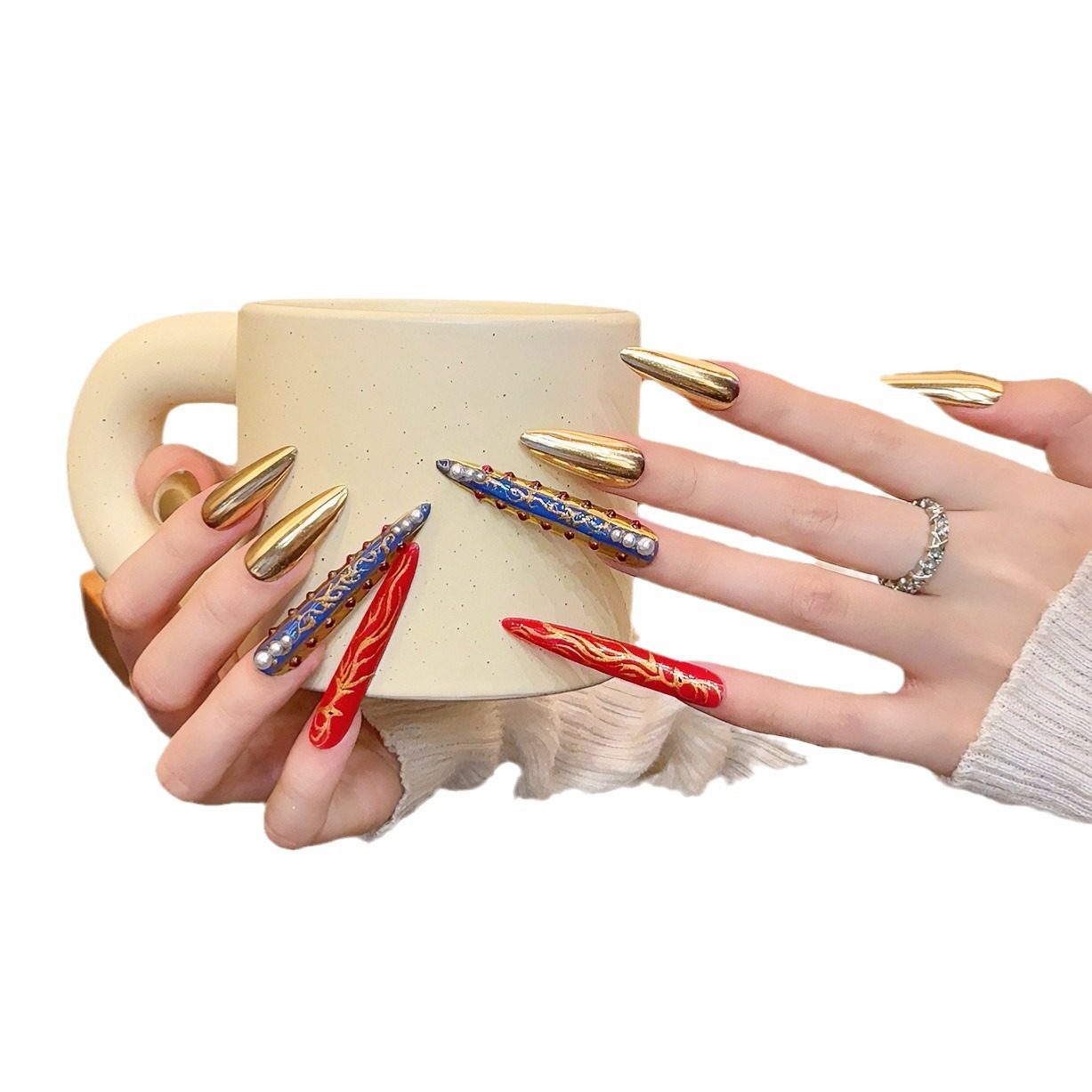 超长水滴纯手工穿戴甲宫廷风金色奢华端护甲级美甲珍珠显白穿戴甲,淘宝优惠券,粉丝福利购,淘宝优惠卷