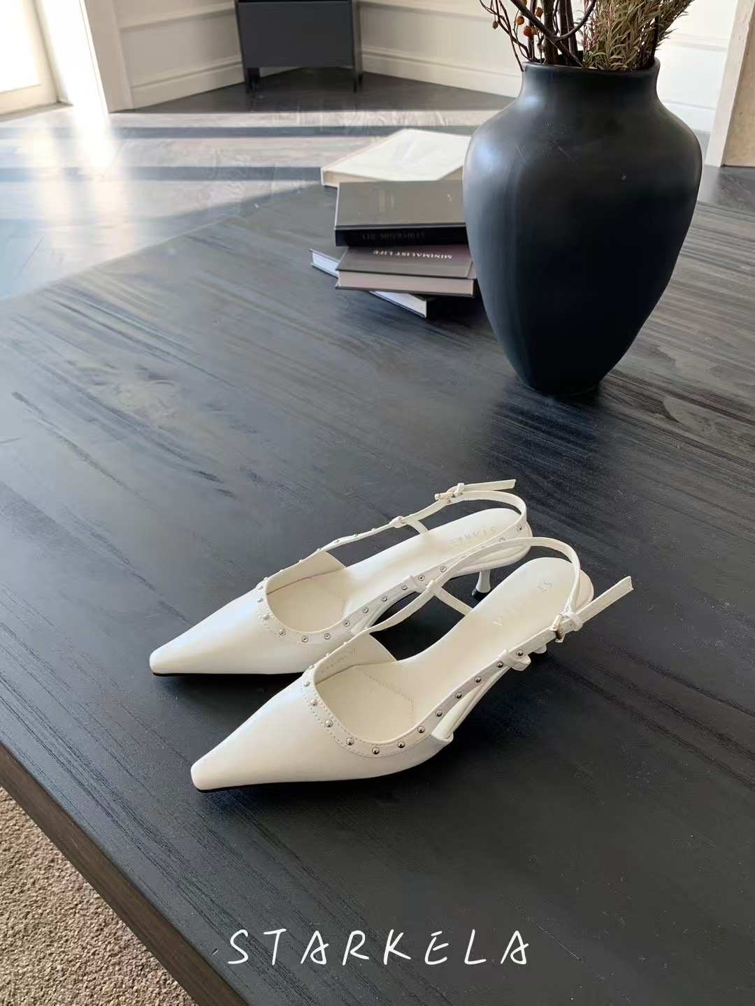 StarKeLa2025春新款金属钉尖头浅口中高跟包脚一字扣带凉鞋女单鞋 - 图3