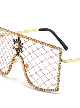 欧美风个性手工大框墨镜女彩色水钻遮脸面纱太阳眼镜夸张派对度假