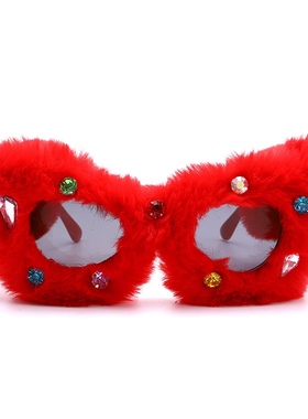 虞书欣圣诞抖音搞怪猫眼墨镜大框毛毛太阳眼镜女个性镶钻生日眼镜