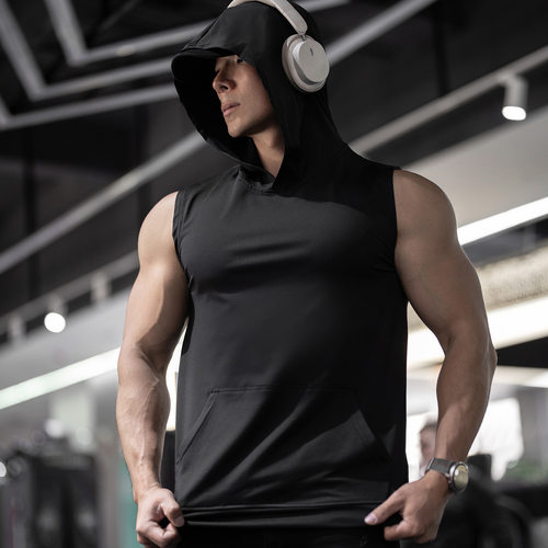 夏季男士户外运动连帽马甲背心宽松训练速干冰丝口袋透气健身上衣 - 图1
