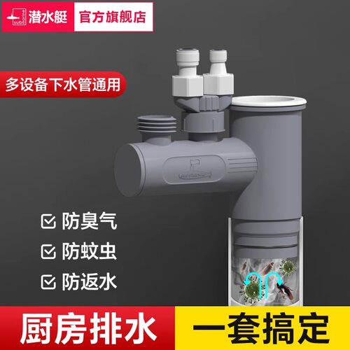 潜水艇厨房下水管三头通密封塞水槽净水器前置排水管防反臭神器 - 图0