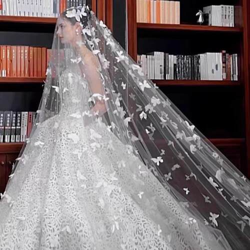 拖尾头纱新娘主婚纱奢华结婚头饰超仙飘逸高级感白色蝴蝶珍珠长款 - 图2