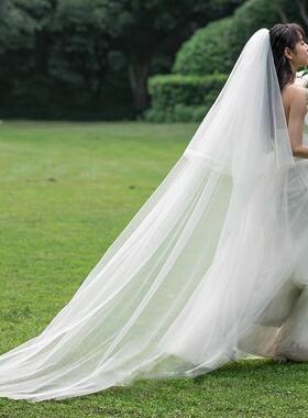 新娘主婚纱新款大拖尾3米宽结婚礼森系户外超长简约拖地素纱头纱