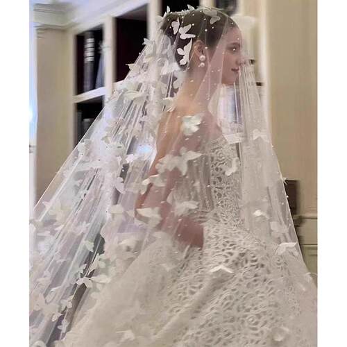 拖尾头纱新娘主婚纱奢华结婚头饰超仙飘逸高级感白色蝴蝶珍珠长款 - 图0