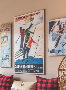 高山滑雪SKIING PRINT美式复古怀旧装饰画挂画墙壁画框滑雪场雪山