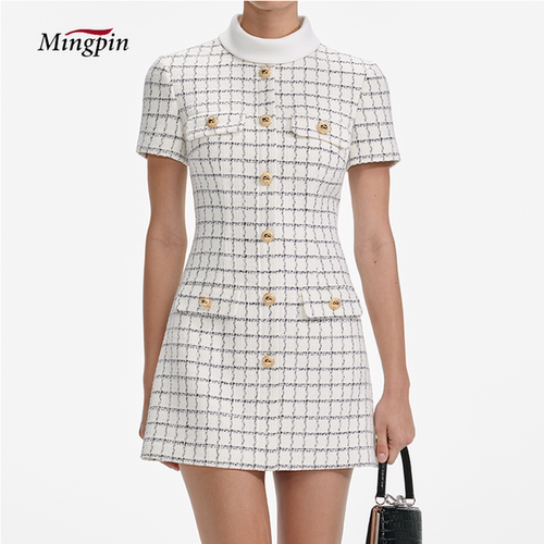HaiNaYa 2025新款时尚名媛优雅白色立领格纹小香风修腰短袖短裙女 - 图1