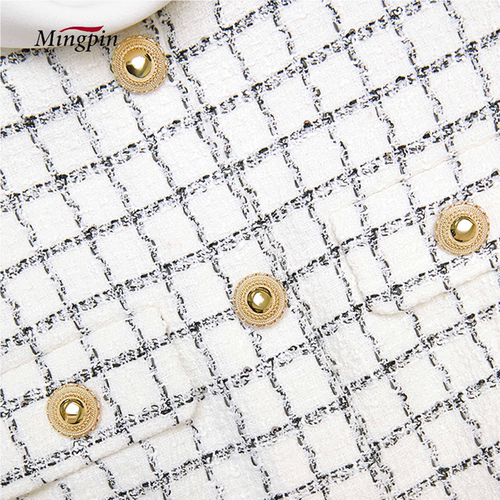 HaiNaYa 2025新款时尚名媛优雅白色立领格纹小香风修腰短袖短裙女 - 图2