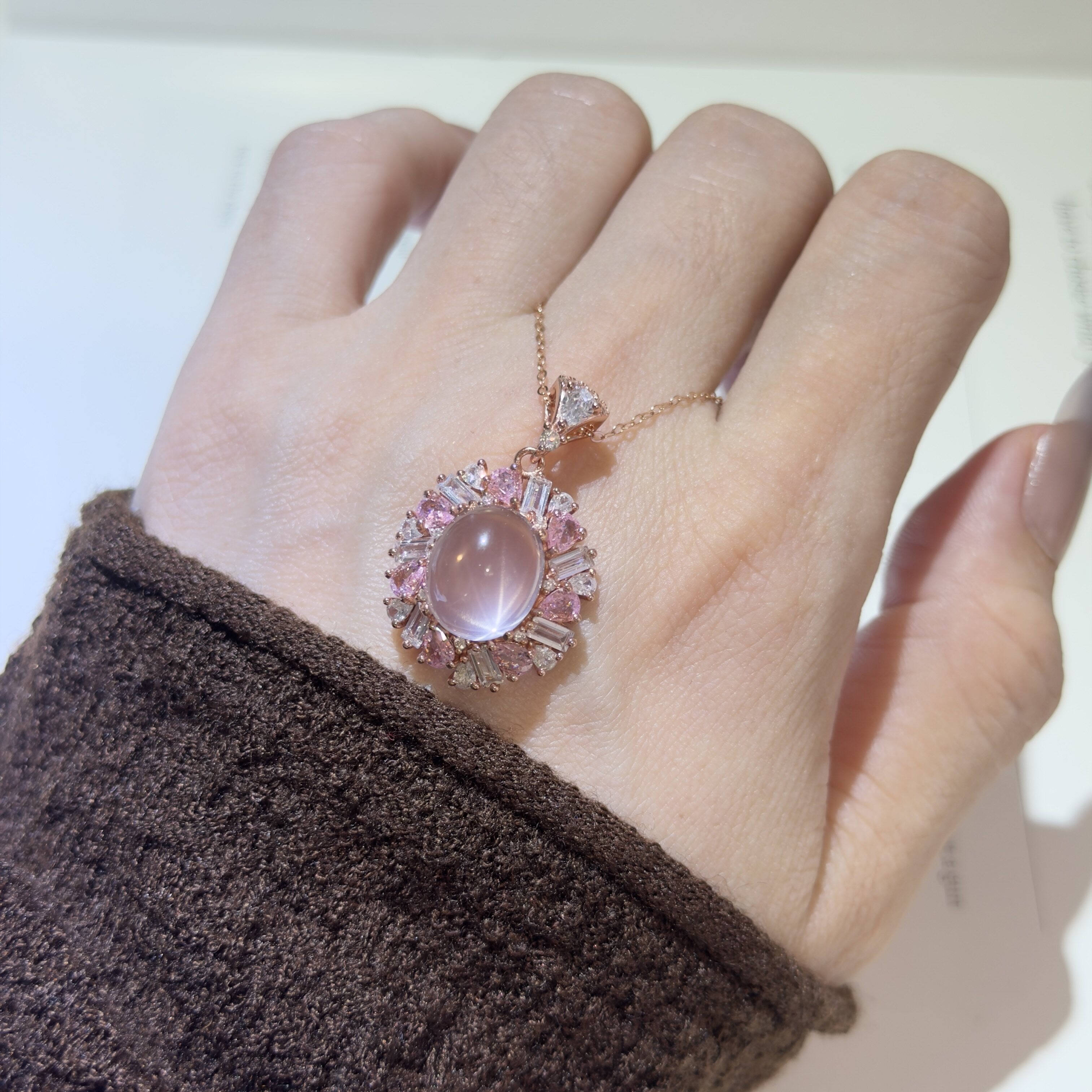 Starlight pink quartz ring and pendant set is a luxurious gift for your girlfriend