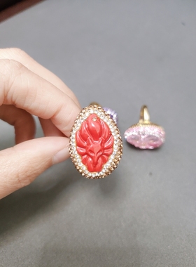 原创设计雕刻九尾狐紫粉水晶朱砂天然高级感戒指轻奢高级女款指环