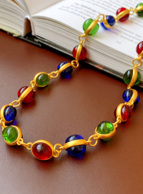 网红圆球彩色中古重工复古琉璃小众项链彩色设计感高级锁骨链女