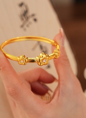 24k新中式古法金锆石花朵手镯环百搭复古时尚轻奢高级感简约手饰