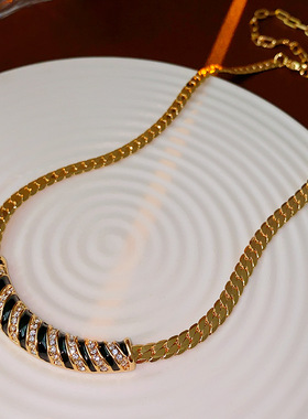 中古vintage项链真金电镀镶钻弧形滴油蛇形锁骨链轻奢复古高级感