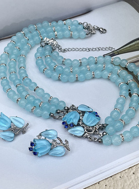 淡蓝色月光铃兰花耳环蓝水晶天然石郁金香花朵项链多层锁骨链颈链