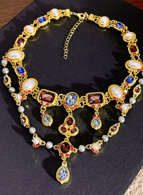 中古气质珍珠水晶闪钻流苏锁骨链汉服古风宴会彩色宝石项圈项链女