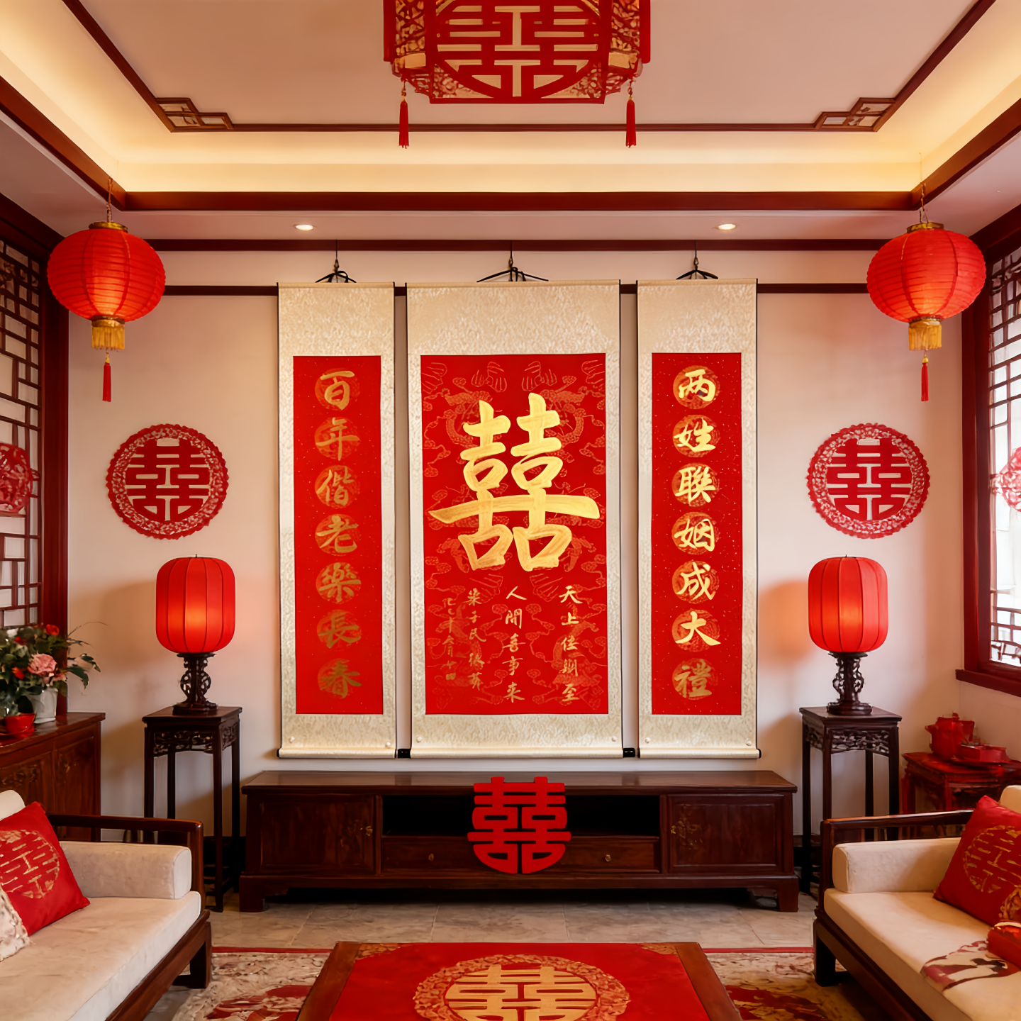 中式婚礼拜堂双喜囍字结婚中堂挂画卷轴拍照背景男方客厅婚房布置,淘宝优惠券,粉丝福利购,淘宝优惠卷