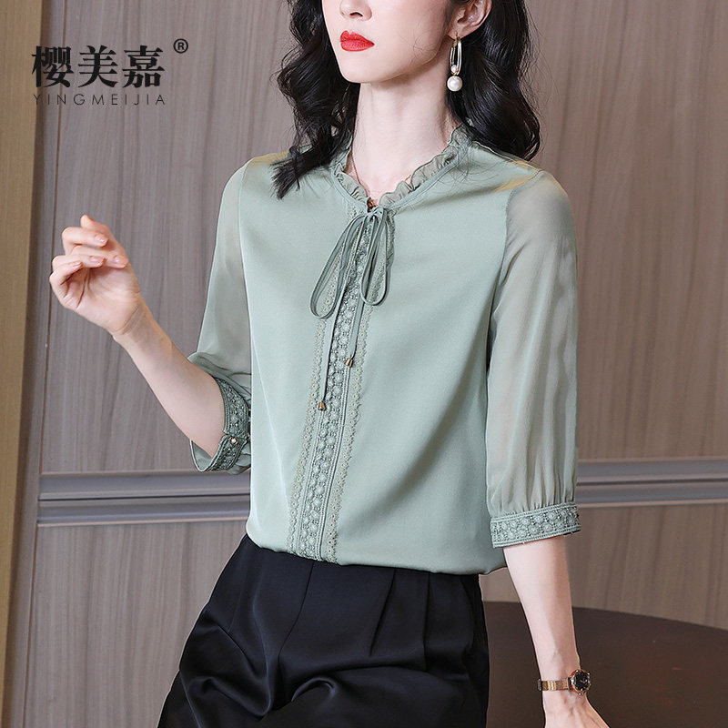 樱美嘉蕾丝花边短袖女夏木耳领衬衫 樱美嘉衬衫