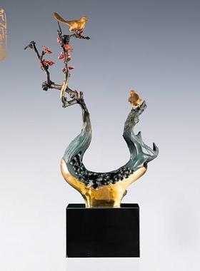 喜上眉梢铜器摆件工艺品新中式酒店会所茶楼别墅家居客厅玄关装饰