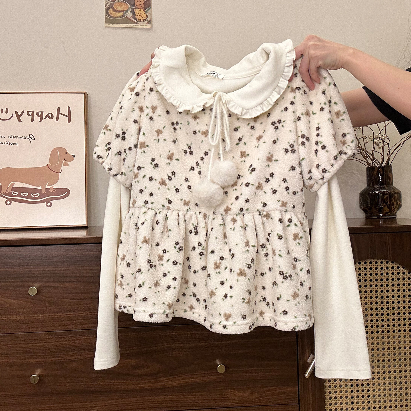 奶油的宇宙 绑带碎花娃娃领加厚叠穿内搭长袖女甜美风两件套上衣,淘宝优惠券,粉丝福利购,淘宝优惠卷