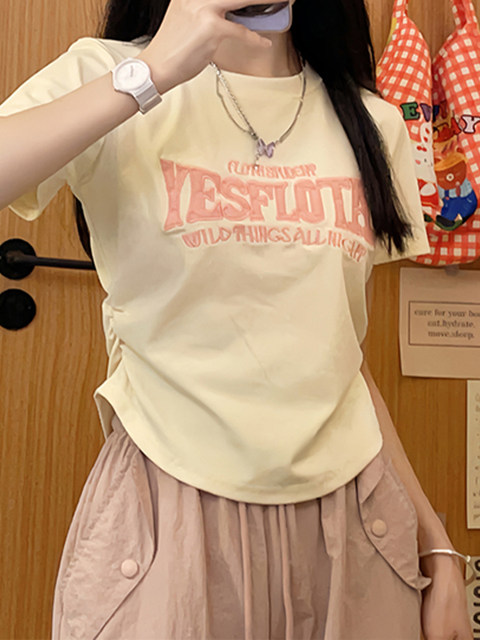 Sweet and Spicy Style Embroidered Letters Right Shoulder Short Sleeve T-Shirt