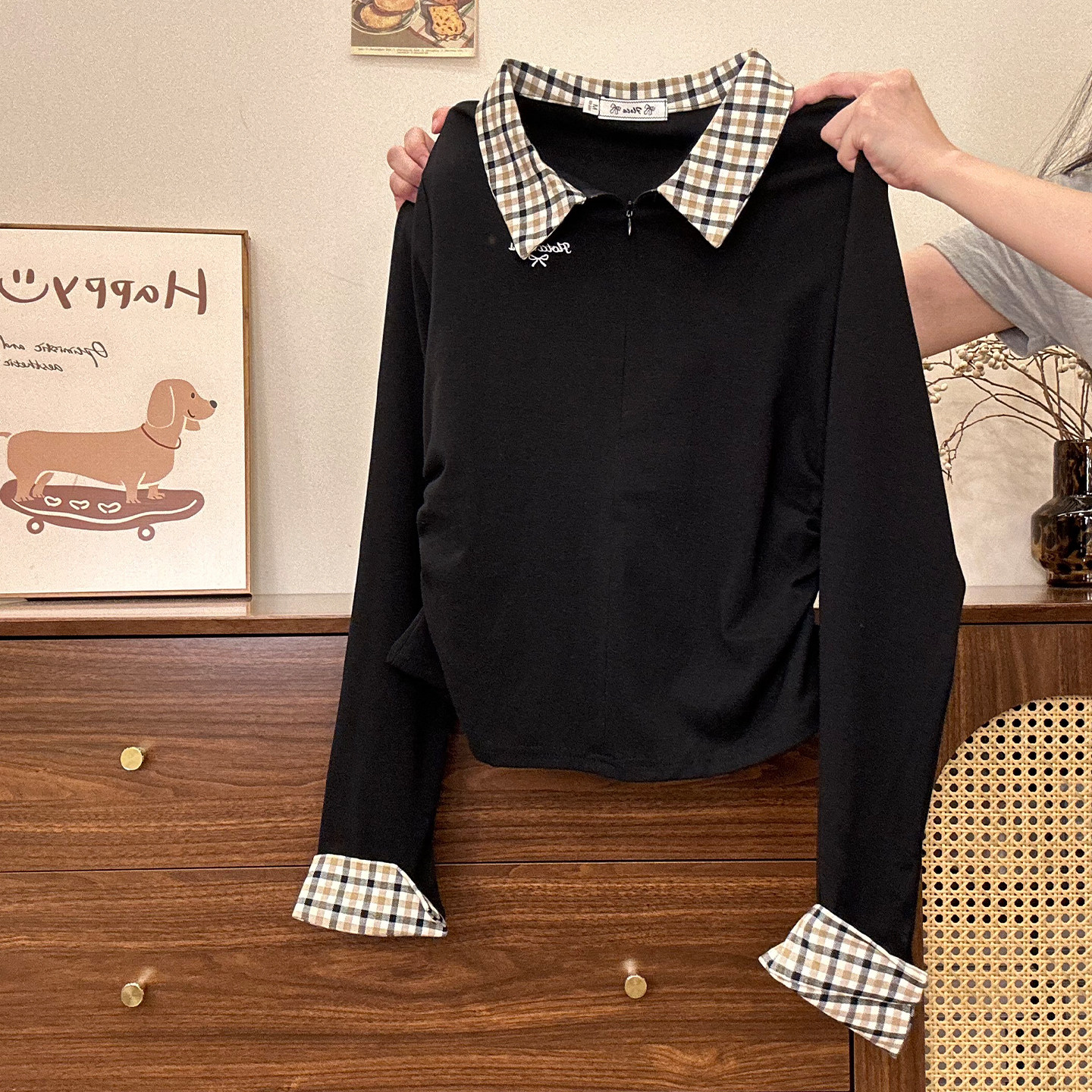 奶油的宇宙 格纹polo领半拉链内搭长袖T恤女学院风收腰假两件上衣,淘宝优惠券,粉丝福利购,淘宝优惠卷