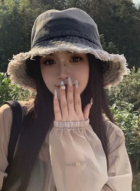 2025新款日系复古牛仔渔夫帽子女夏大头围水桶盆帽做旧遮阳防晒