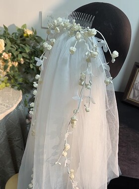 重工铃兰花奶白色树枝头纱法式结婚外景写真创意超仙头纱配饰品