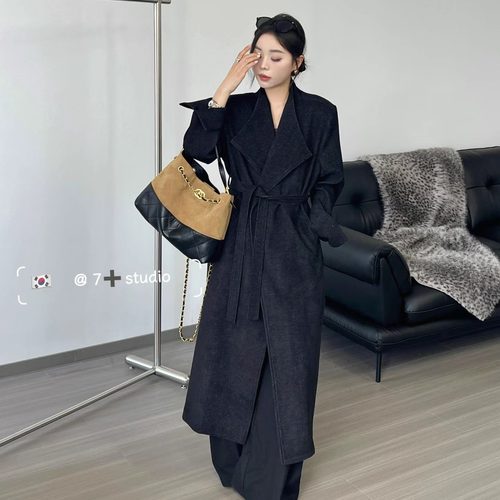 高级感复古翻领雪尼尔长款过膝大衣女2025秋冬季收腰气质夹棉外套 - 图2